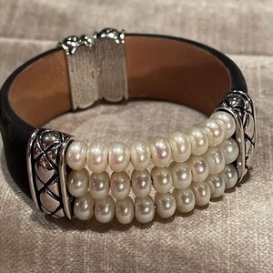 Cultured Pearls Black Suede Sterling Silver 925 Cuff Bracelet